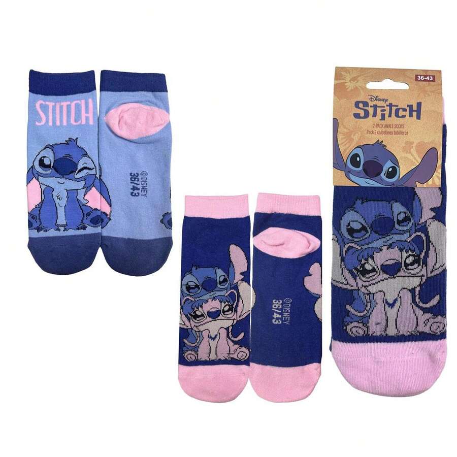 Cerdá Stitch Disney Unisex Ankle Socks Pack - Pack Of 2 Pairs Of Short Socks For Boys And Girls, Soft And Elastic, Blue And Pink Design, Back To School - Option 1 - View 1