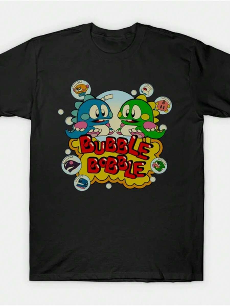 Men's Retro Graphic T-Shirt, Bubble Bobble 1986 Arcade Game Design - Black Retro Gaming T-Shirt With Colorful Bubble And Character Print, Regular Fit, Short Sleeves, Suitable For Casual Wear And For Gaming Enthusiasts, Clothing For Game Lovers. - 黑色 - 查看 1
