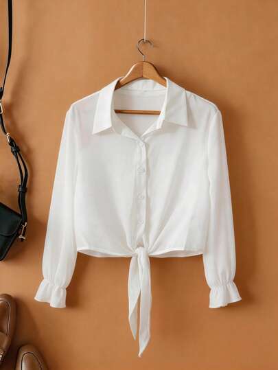 Áo croptop nữ thanh lịch bằng chiffon hơi xuyên thấu, thiết kế thắt nút phía trước, tay chuông, cổ áo sơ mi cổ điển, kiểu dáng đa năng; Áo mùa hè; Quà tặng Ngày của Mẹ; Áo sơ mi nữ thường ngày; Áo kiểu nữ thanh lịch; Trang phục nghỉ dưỡng; Áo sơ mi trắng