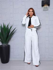 Women's Set With Side Stripe, Long Sleeves - Blanco - Ver 1