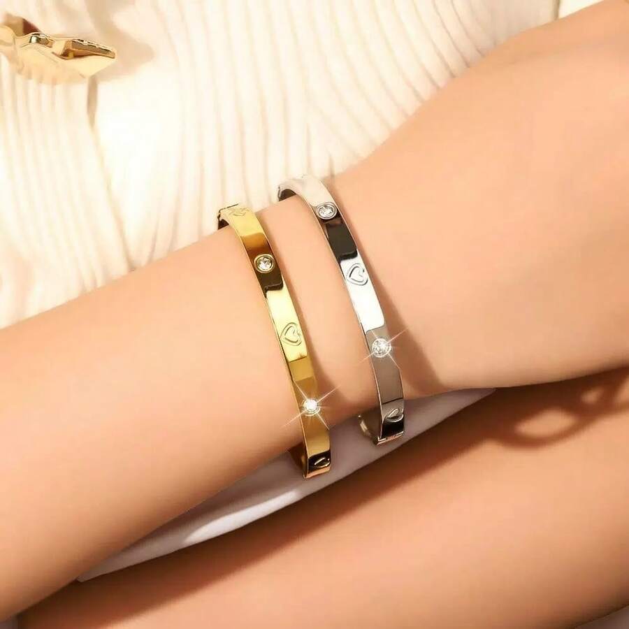 1件裝奢華心形水鑽不鏽鋼女款手鍊,適合女性日常配戴與約會,時尚珠寶禮物 - 銀色 - 查看 1