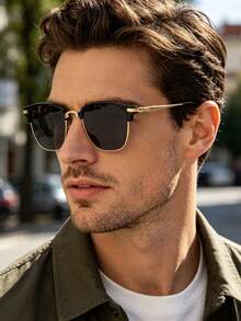 1 PC Men's Modern Browline Square Fashion Glasses Lightweight Durable Metal Frame With Gray Blue Tinted Lenses Suitable For Business Casual Outdoor Activities With Glasses Box - Multicolor - View 2