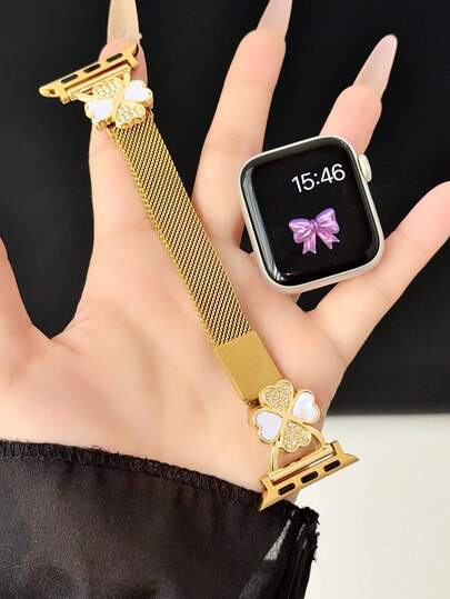 Bracelet de montre floral étincelant et brillant pour l'été, bracelet en acier inoxydable Milanais magnétique réglable, bracelet de remplacement en métal respirant pour Apple Watch Ultra SE Série 11/10/9/8/7/6/5/4/3/2/1, cadeau pour femmes et filles