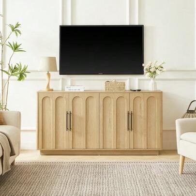 Bogenfront Sideboard With 4 Türen, Soft-Close Scharnieren & Kippsicherung, 160cm Breiter Aufbewahrungsschrank Für Wohnzimmer & Esszimmer, Holzfarbe