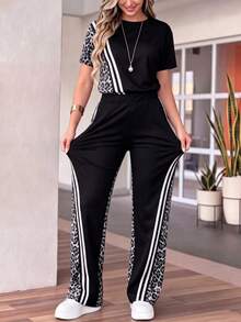 Set de primăvară/vară nou, casual, confortabil, cu imprimeu leopard, guler rotund, mânecă scurtă și pantaloni drepți cu talie înaltă și buzunar, ținută de vară pentru femei, potrivită pentru purtare zilnică, poate fi purtată separat ca set de 2 piese - Negru 1 - Vizualizare 2