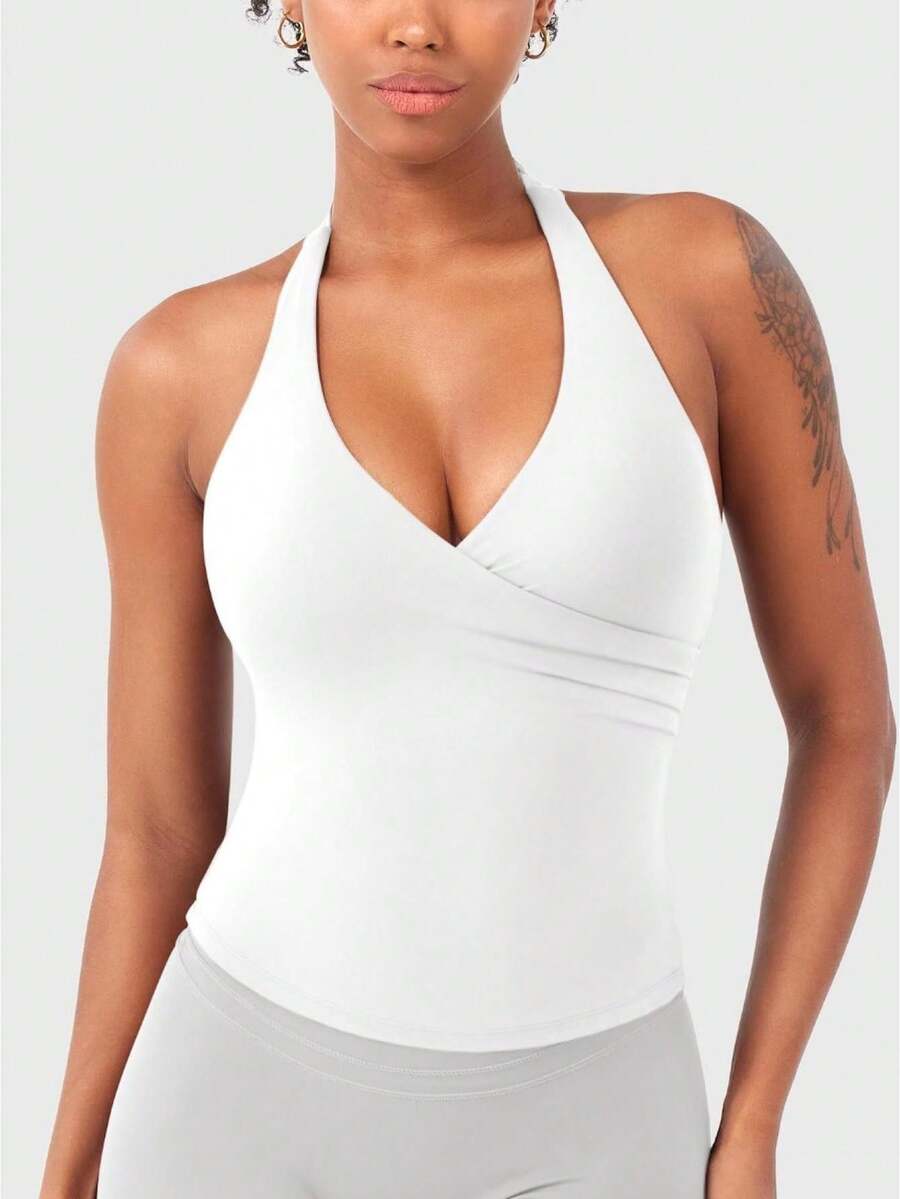 Women Wrap Halter Workout Tank V Neck Longline Sports Bras Backless Padded Gym Yoga Tank Tops Y2k Casual Crop - White - View 1