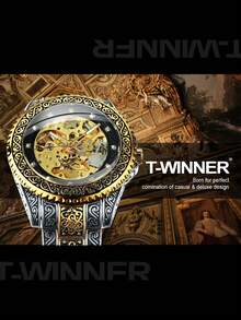 T-WINNER 1枚男士经典复古金色镂空自动机械腕表，带旋转表圈、夜光指针、钻石装饰表盘和奢华不锈钢表带，商务休闲腕表 - 金色 - 查看 5