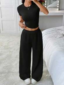 Conjunto de dos piezas básico  2026: camiseta corta ajustada manga corta + pantalón ancho holgado negro, ideal para verano y uso diario casual - Rosa 4 - Ver 10