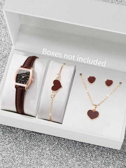 5pcs/Set Women's Gift Watch - Classic Elegant Barrel-Shaped Dial Quartz Wristwatch + Heart-Shaped Jewelry (Watch Box Not Included)