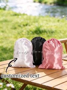 1pc Customized Text Satin Drawstring Storage Bag, Smooth Silk-Like Fabric Pouch, Portable Jewelry & Cosmetics Organizer Bag, Exquisite Gift Packaging Outer Bag, Home Small Item Storage Bag, Holiday Gift Wrapping - Multicolor - View 1