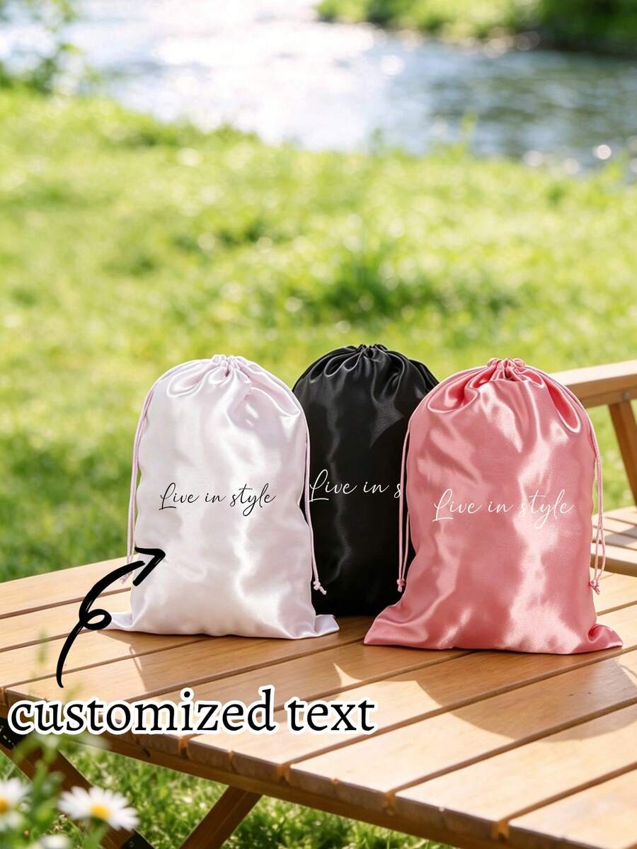 1pc Customized Text Satin Drawstring Storage Bag, Smooth Silk-Like Fabric Pouch, Portable Jewelry & Cosmetics Organizer Bag, Exquisite Gift Packaging Outer Bag, Home Small Item Storage Bag, Holiday Gift Wrapping - Multicolor - View 1