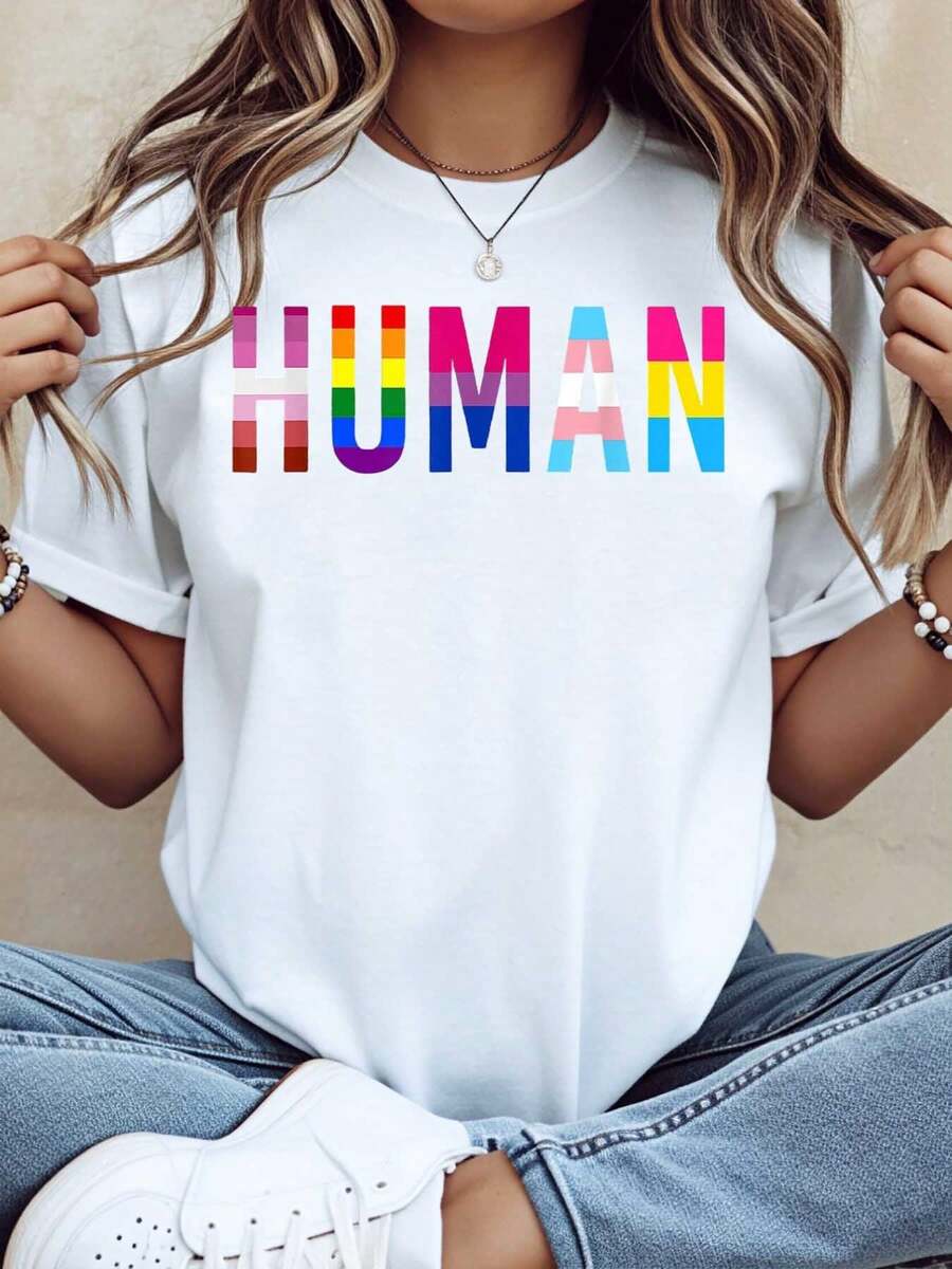 Rainbow Human Pride T-Shirt For Women Unisex LGBTQ Plus Size Casual Top Gay Pride Festival Wear Pride Month Gift,220g - 白色 - 查看 1
