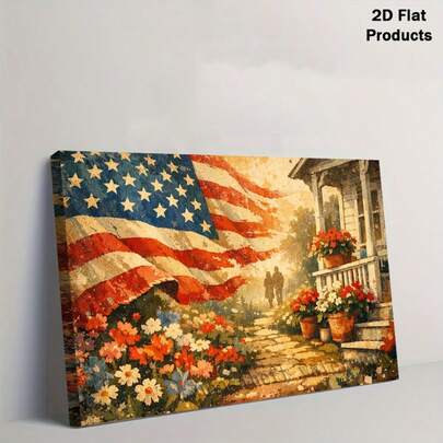 2D Flat Painting, 2D Flat Painting, [2D Flat Painting] Framed Canvas Decorative Oil Painting | Patriotic Countryside Style American Flag Porch Art Decor, Vintage Style Independence Day Themed Poster, High-Quality Farmhouse Style Decor