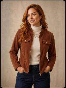 Women's Corduroy Jacket With Zipper, Casual Style, Elegant, Winter Fashion, Fluffy Velvet Zipper, Night, Vacation, School, Office, Daily. - 駝色 - 查看 5