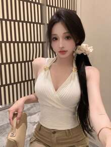 新款春夏性感金属针织吊带背心，修身露脐上衣 - 杏色 - 查看 1