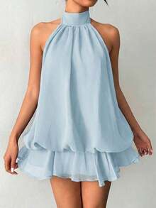 Vestido mini elegante de mujer con cuello halter y lazo en color amarillo claro - Celeste - Ver 11