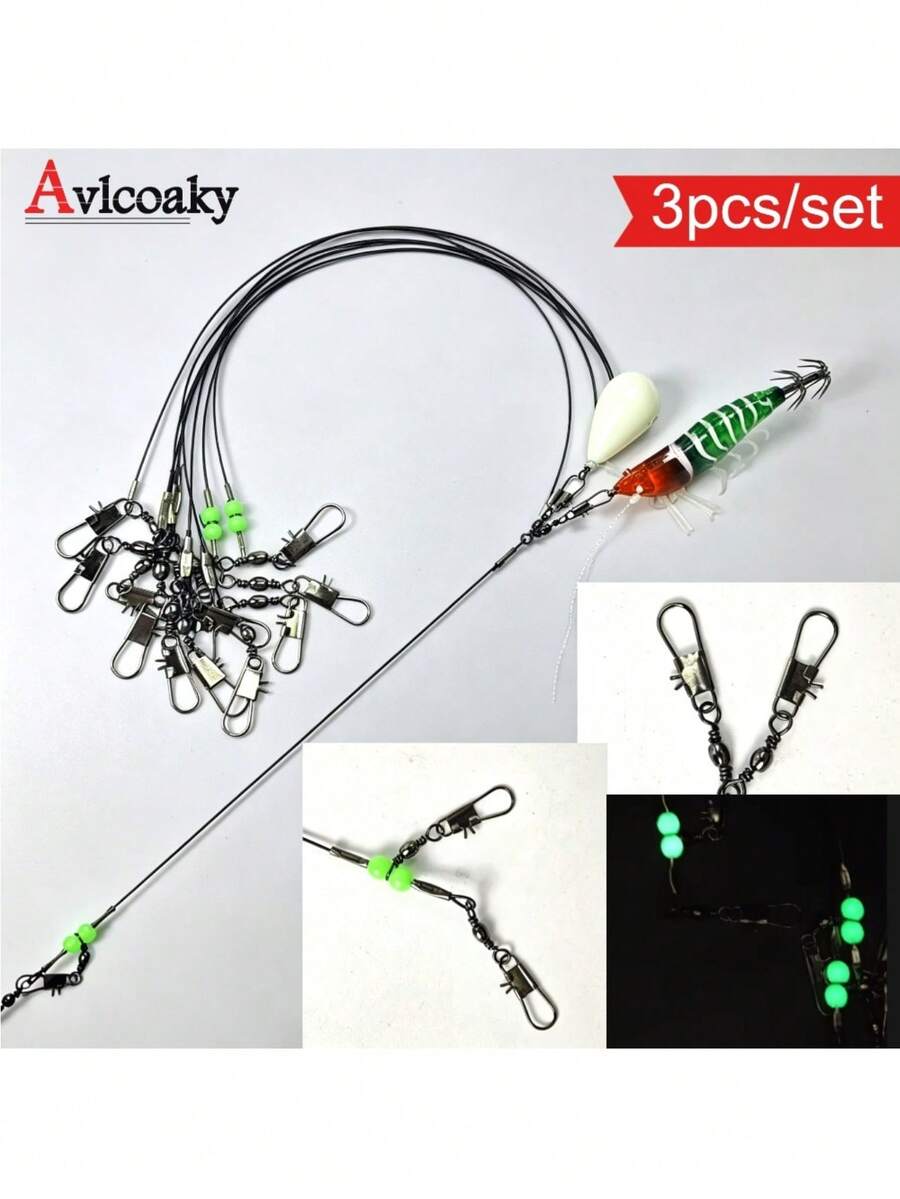 Avlcoaky 3pcs/Set 20cm Luminous Beads Swivel Snap Connector For Octopus Cuttlefish Sea Saltwater Tackle Squid Fishing Leader Rig With - Multicolor - View 1
