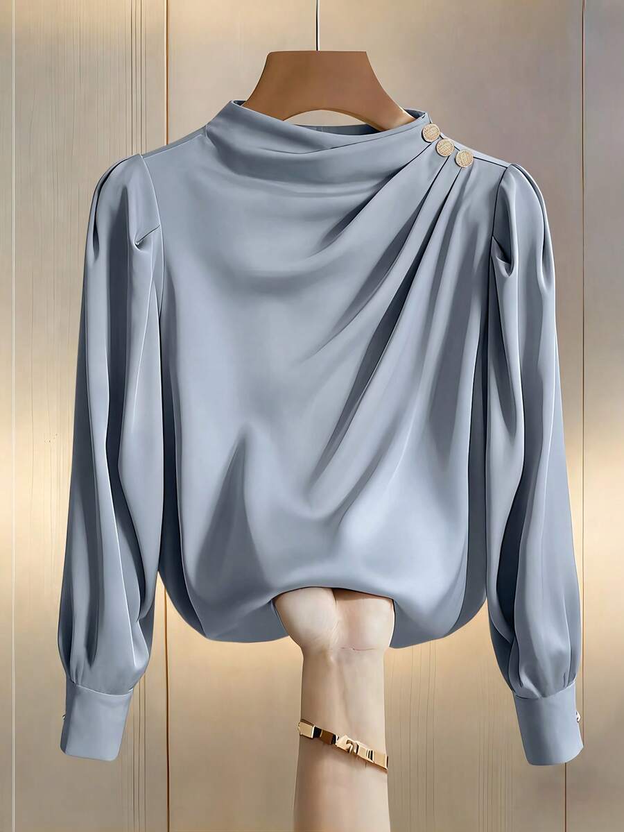 Áo cánh tay dài xếp ly cổ đứng thường ngày cho nữ, thích hợp cho mùa xuân/thu - Màu xanh lam - Xem 1