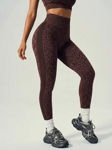 女士棕色豹纹高腰塑身提拉无缝瑜伽紧身裤，春夏运动款 - 棕色 - 查看 1