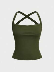 Débardeur sexy dos nu à bretelles croisées, style décontracté et sportif, couleur unie, tenue décontractée pour femmes, été - Vert sapin - Voir 5
