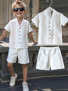 Purechapter 2pcs/Set Tween Boys Textured Fabric Geometric Embroidery Pattern Polo Shirt And Shorts Set, Summer - White - View 2