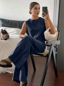 Conjunto denim estilo casual: top corto sin mangas + pantalones vaqueros holgados, estilo versátil y juvenil para diario - Azul 3 - Ver 5