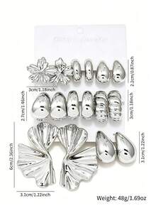 Ensemble de 4/6/16 pièces de boucles d'oreilles argentées, feuille de ginkgo, goutte d'eau, design de boucles d'oreilles épaisses, boucles d'oreilles légères et à la mode pour femmes, cadeau idéal - Argent - Voir 5