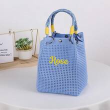 Bolso de mano pequeño de punto calado personalizado para niña, bolso cubo de tejido chic con asa superior, bolso tote cuadrado mini estructurado con detalle de anillo metálico - Multicolor - Ver 23