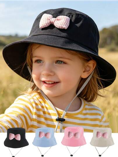 1 PC Girls' Plaid Bow Multi-Color Bucket Hat, Anti-Lost Strap Sun Cap, Multi-Scene Hat For Spring Kite Flying/Kindergarten Sports Day/Mall Play Areas/Weekend Parent-Child Farm/Kids' Clothing Store Outfits