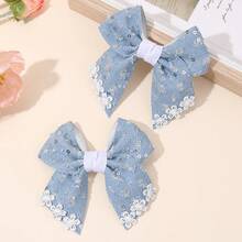 2PCS Blue Hair Bows For Girls White Flower Bow Hair Clips White Edged Bow Alligator Clips Sweet Vintage Style Bow Hair Barrettes For Daily & Party Teens Hair Accessories - Blue - View 11
