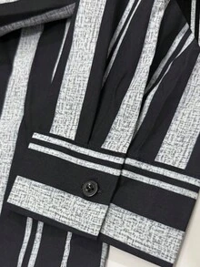 Camisa casual de manga larga con botones y estampado de rayas para hombre - Blanco y Negro - Ver 2
