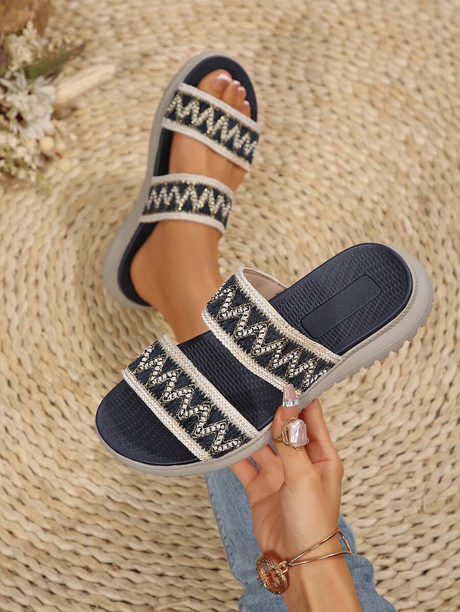 Sandal nữ kiểu Bohemian năm 2026 với quai đôi bện, đế dày, kiểu dáng giản dị, thoải mái, hở mũi, thích hợp đi biển mùa hè. - màu đen - Xem 1
