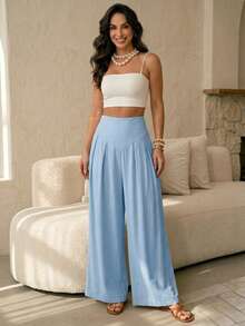 Elegant High-Waisted Palazzo Pants In Microfiber Fabric - 2026 - Baby Blue - View 4