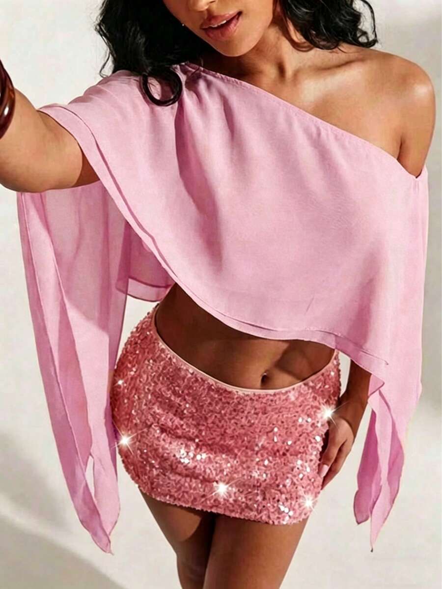 Áo crop top chiffon tay bồng bất đối xứng gợi cảm dành cho nữ mùa hè 2026, thích hợp cho tiệc tùng, hẹn hò, kỳ nghỉ và các hoạt động ngoài trời. - Màu Hồng baby - Xem 1