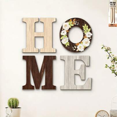 Chữ "HOME" bằng gỗ mộc mạc với họa tiết hoa, biển trang trí cho phòng khách và phòng ngủ.