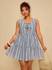 Vestido corto sin mangas de algodón negro con lazo frontal versátil y casual de talla grande - Azul y blanco - Ver 8