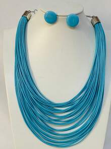 Maxi Waxed Multi-Strand Necklace Set With Button Earrings - BLUE 3 - View 1