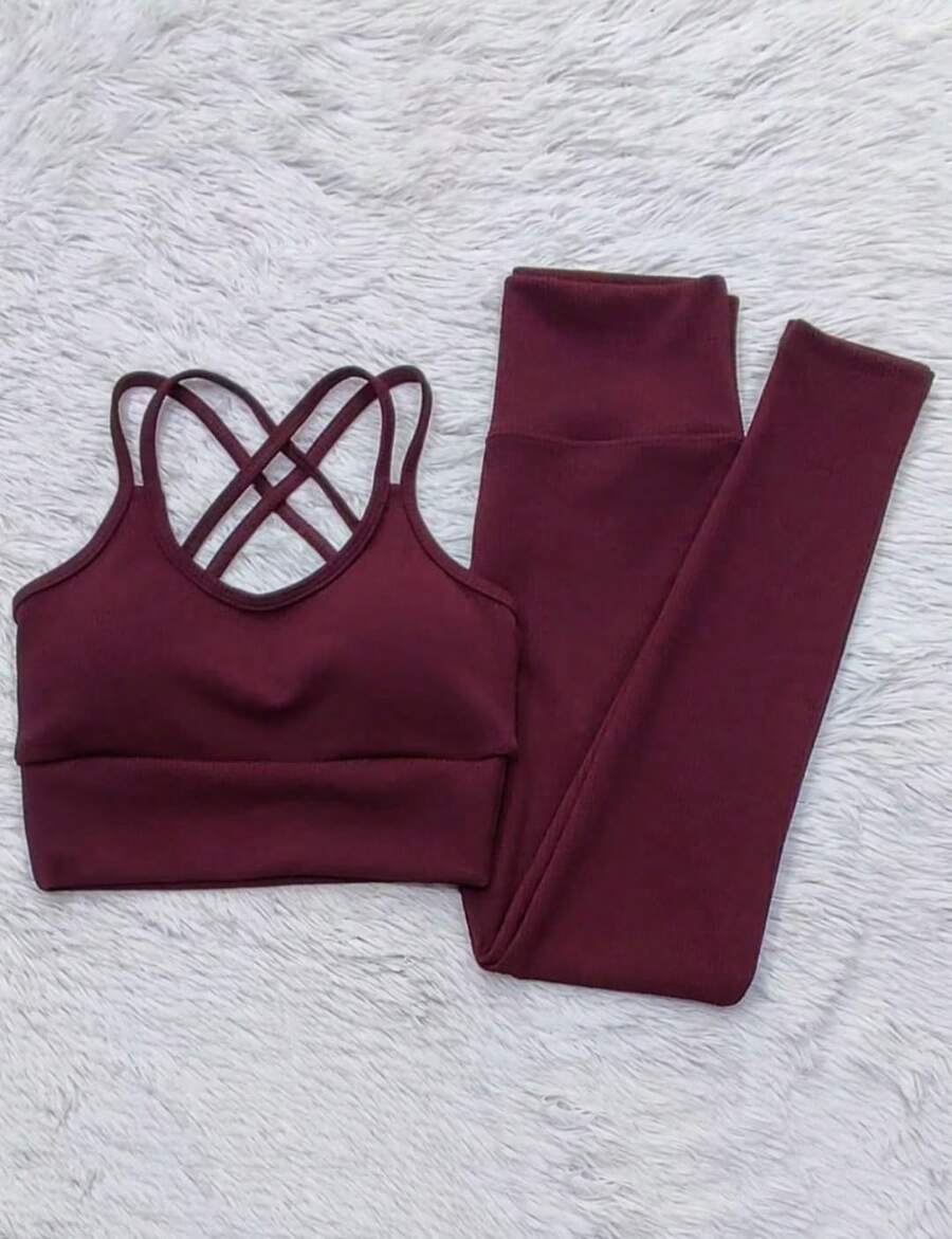 Conjunto Ana Ruga Texturizado Para Academia Calça Legging Cintura Alta e Top Alças Cruzadas Com Bojo