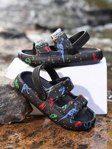 1 Pair Boys' Comfortable Fashionable Camouflage & Big Dinosaur Unique Print Soft Sole Sandals, Spring/Summer - Black - View 6