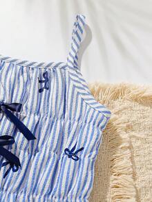 2pcs/Set Girls Casual Bowknot Striped Pattern Soft Comfortable Woven Camisole Top And Shorts Set, Suitable For Outdoor Wear, Spring/Summer - Multicolor - View 5