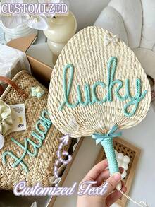 定制创意手工草编竹棕榈叶扇，个性化编织草扇，波西米亚风新娘伴娘婚礼回礼，海滩单身派对礼物，夏季海滩度假必备，可爱手摇式降温驱蚊扇，送给女朋友的礼物，家居装饰 - 彩色 - 查看 4