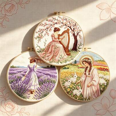 3 set di kit fai-da-te di ricamo stile francese per ragazze - Sakura/Lavanda/Campagna, adatti per principianti con strumenti e istruzioni, decorazioni per la casa, pittura e ornamenti