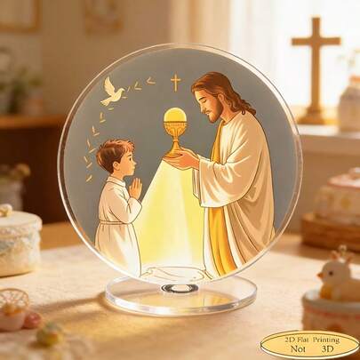 1pc 2D Flat Jesus Holy Communion Blessing Luminous Desktop Decor, Paired With Soft Warm Light And Elements Of Dove, Cross, Exuding A Sacred And Healing Ambiance, Suitable For Church, Home Prayer Corner, Religious Memorial Scenes. A Thoughtful Gift For Believers, Relatives, Baptized Children, Conveying The Protection And Blessings Of Faith, As Well As The Wish For Peace, Joy And Divine Favor.