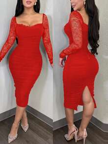 ChicMe Women's Lace Trim Square Neck Long Sleeve Bodycon Split Cocktail Party Midi Dress With Zipper Back Pleats Elegant Red - Red - View 3