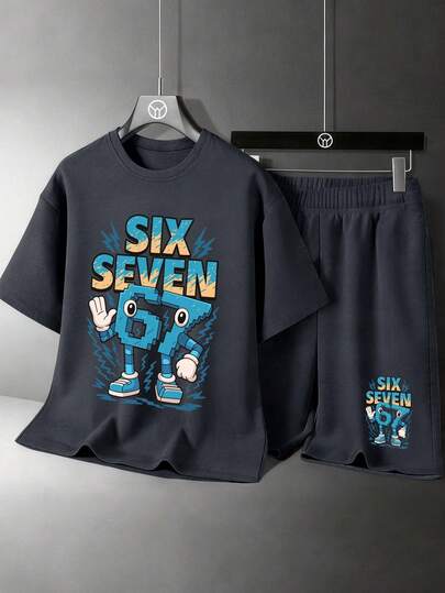 2pcs Boys' Fun Number 67 And Letter Design Print Crew Neck T-Shirt & Shorts Set, Summer Comfortable New Set