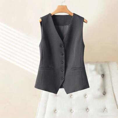 女士纯色V领背心外套，带口袋，单排扣，可单穿，修身剪裁，时尚通勤装，春秋季