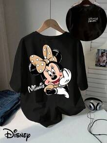 Disney Women's T-Shirt Classic Cartoon Leopard Print Minnie Playful Double-Sided Printed T-Shirt, Short Sleeved Round Neck Casual Top, Suitable For Summer And Spring, Short Sleeved Top, Women's Clothing - màu đen - Xem 1