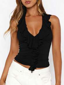 Womens Halter Going Out Top Sexy Ruffle V Neck Open Back Fitted Crop Double Lined Tank Tops - Black - View 4