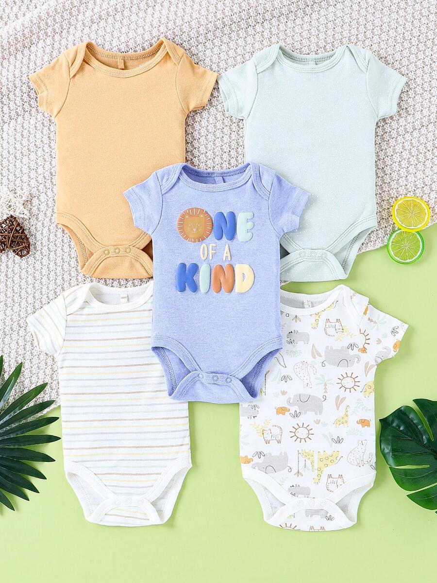 DILAVEL 5 piezas Nuevo mono triangular para niños y bebés con patrones bordados de animales elefantes, patrones a rayas lindos en colores frescos para uso al aire libre en todas las estaciones