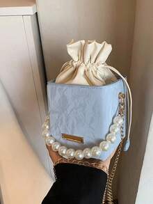 Fashionable Pearl Embossed Drawstring Box Crossbody Bag, Pearl Bag - 卡其色 2 - 查看 1